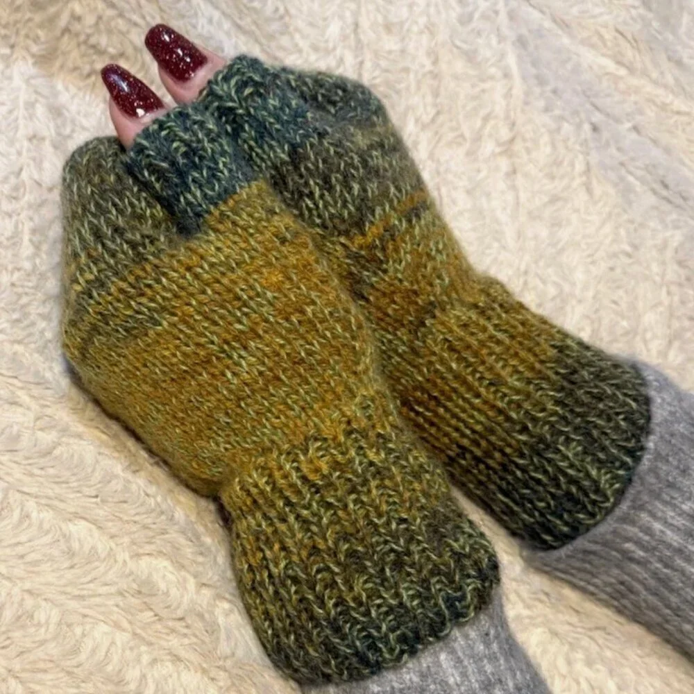 Handmade Women's Wool Blend Green Colorful Knit Fingerless Soft Mittens Gloves
